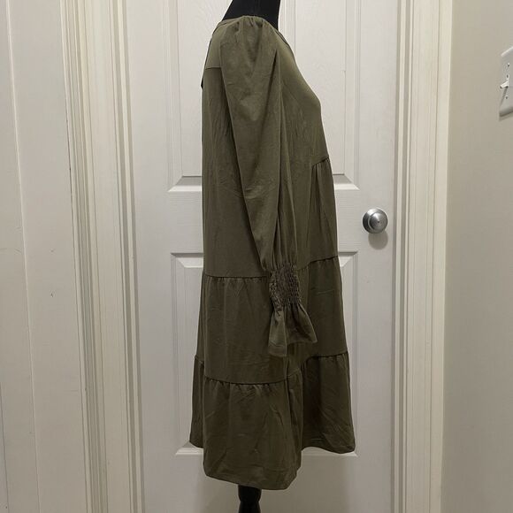 New Marokeety Long Sleeve Ruffle Midi Dress Olive V-Neck Pockets Women's Small - Picture 3 of 10